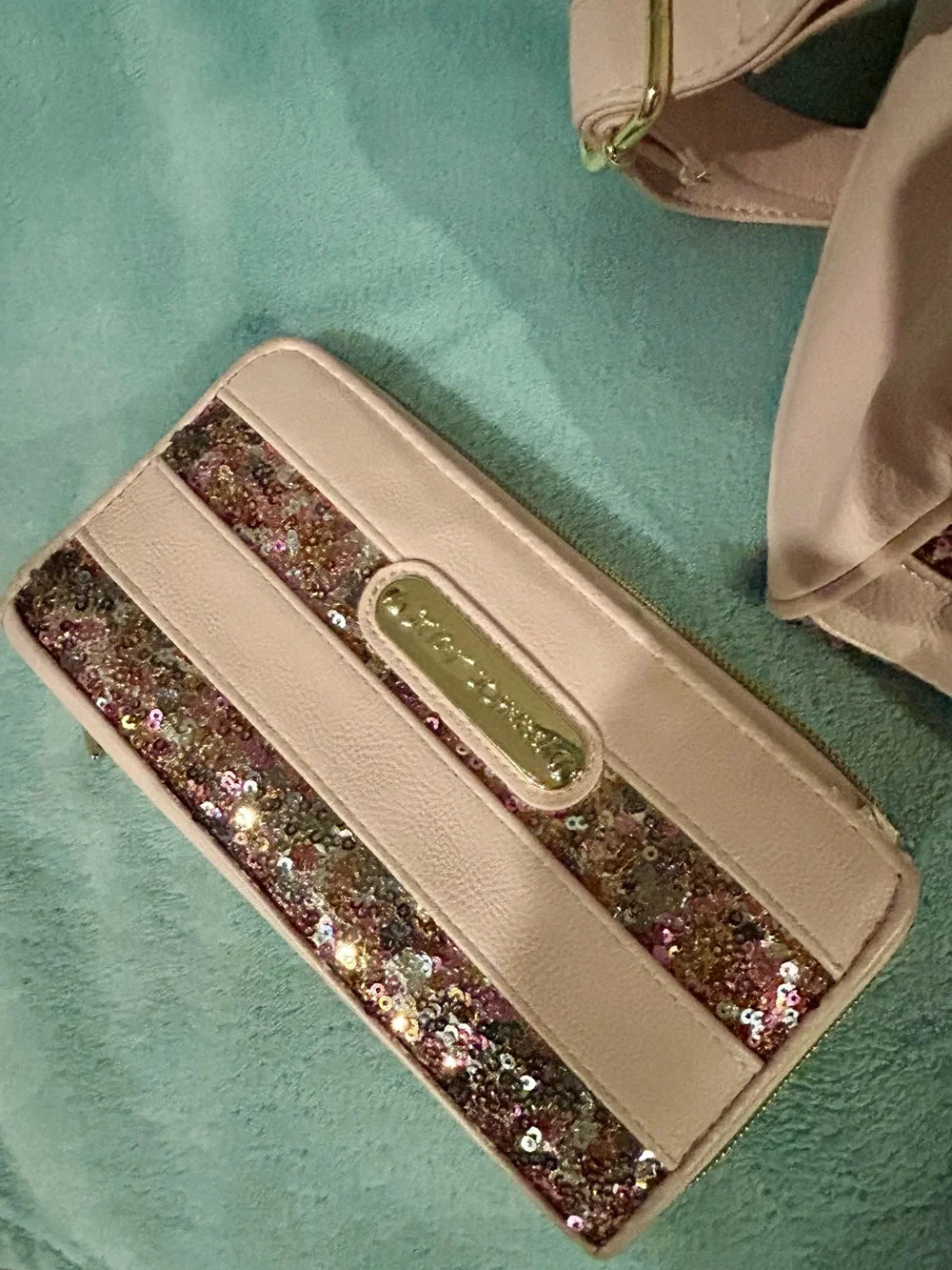 RARE! 2011 Betsey Johnson Blush Pink Sequin Stripe Satchel with Matching Wallet